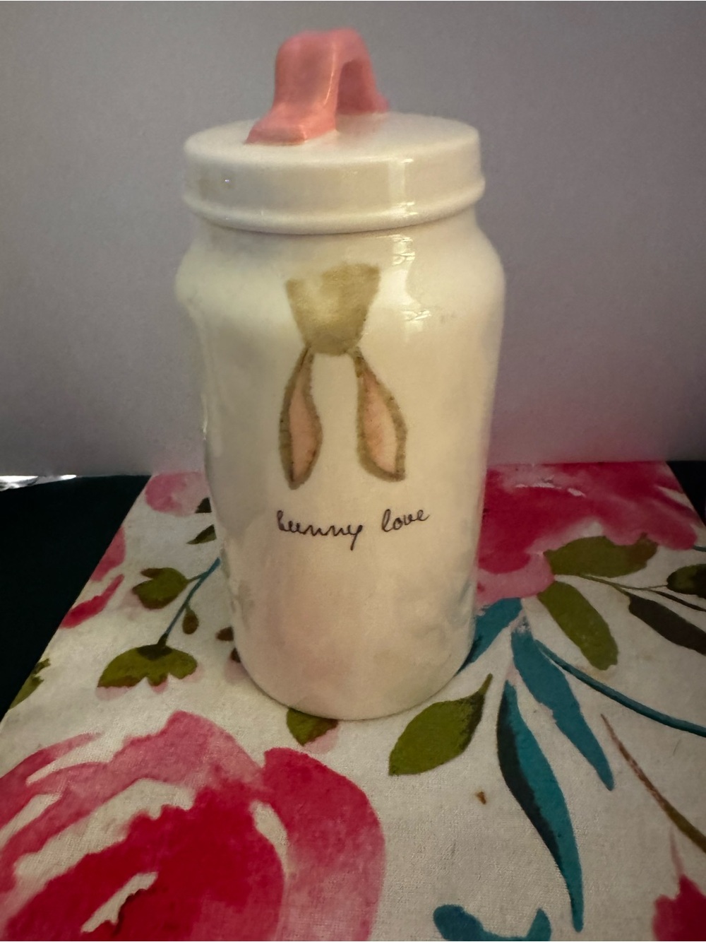 RAE DUNN EASTER BUNNY LOVE Cookie Jar Canister Rabbit Ears Tall Magenta Pink Lid